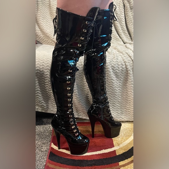 NWB SIZE 9 PLEASER ADORE3050 BLACK 7" PLATFORM LACE UP THIGH HIGH W/SIDE ZIPPER - Picture 2 of 12